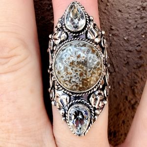 New Stingray Coral & White Topaz 925 Silver Statement Ring.